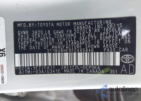 2015 Toyota Corolla L z USA, uszkodzony, nr VIN 2T1BURHEXFC445846